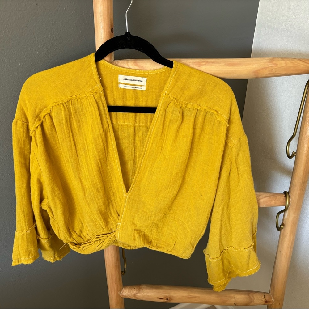 UO Adriana deep V neck cropped top in a beautiful yellow gauze.